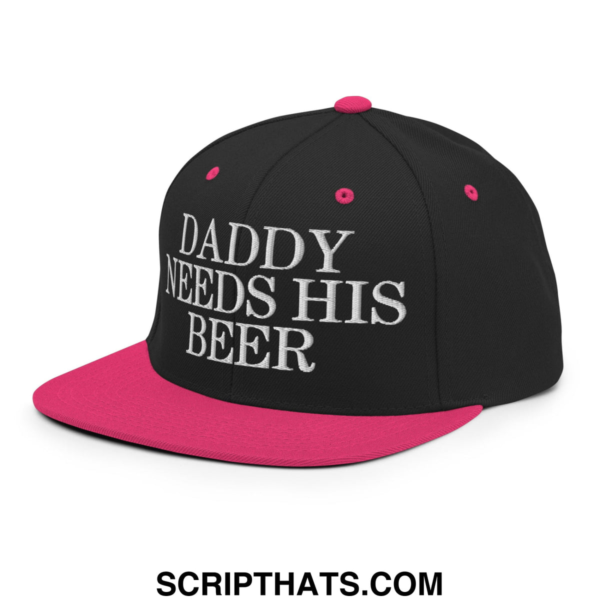 Black snapback cap with vibrant pink brim and button featuring white embroidered text daddy needs his beer
