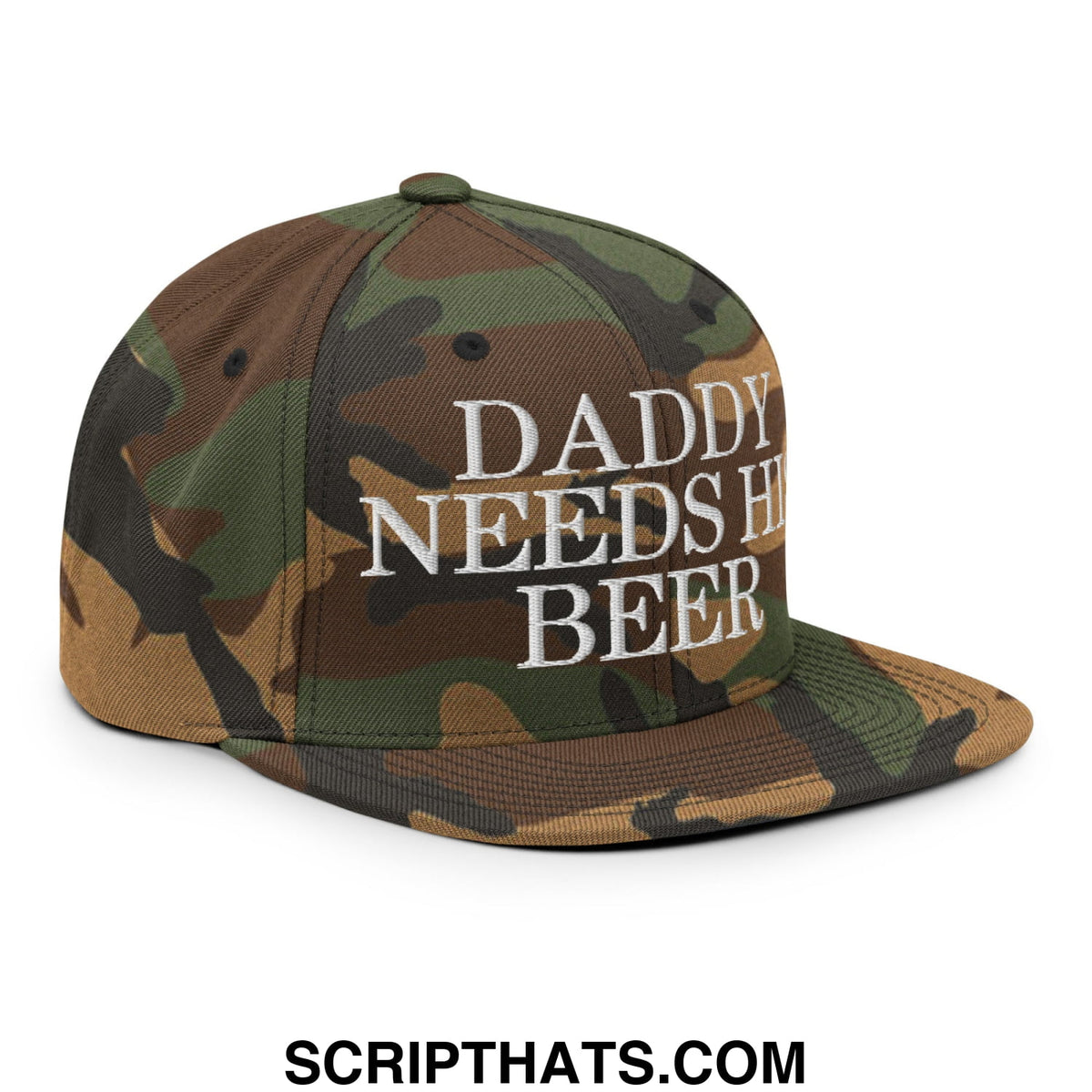 Daddy needs his beer embroidered flat bill snapback hat in camouflage with white text and snapback closure