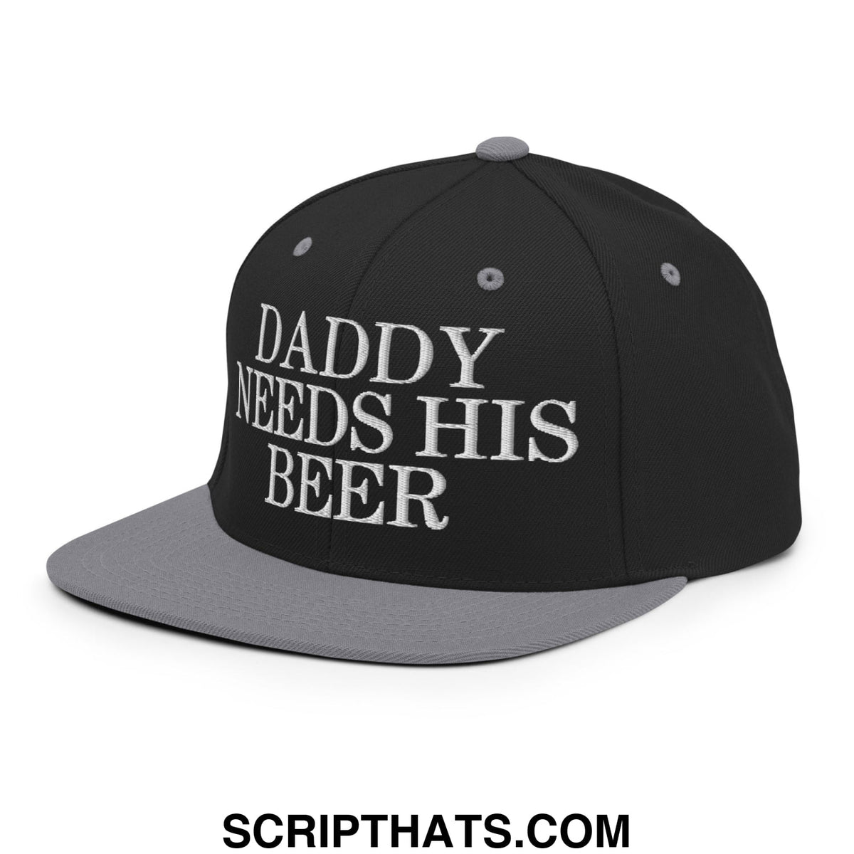Black and gray snapback hat with white embroidered daddy needs his beer text on flat bill brim