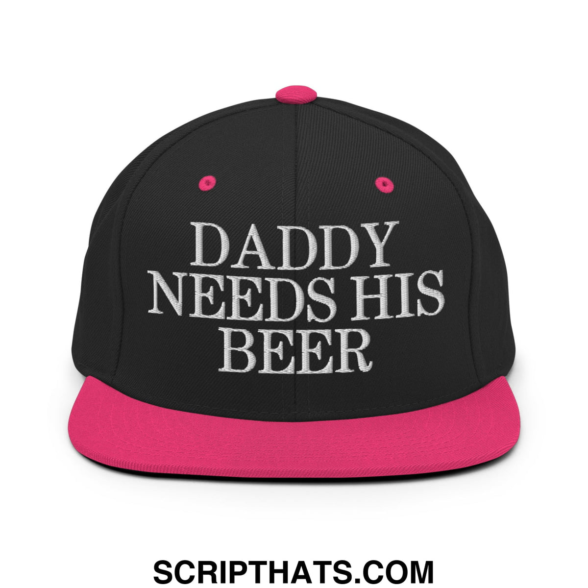 Black snapback hat with vibrant pink brim and button featuring daddy needs his beer silver embroidered text