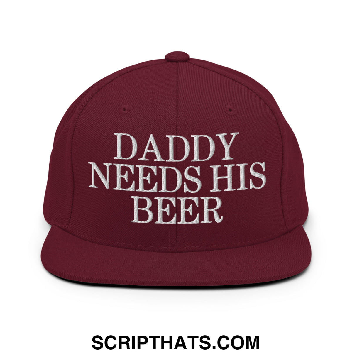 Maroon flat bill brim snapback hat with white embroidered text daddy needs his beer for casual wear