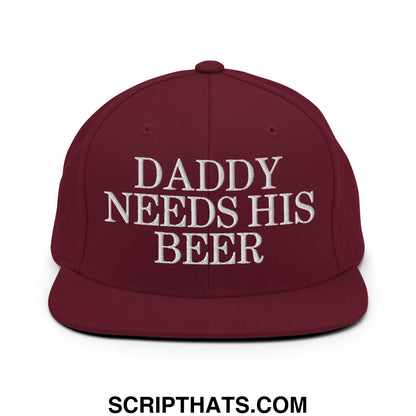 Maroon flat bill brim snapback hat with white embroidered text daddy needs his beer for casual wear