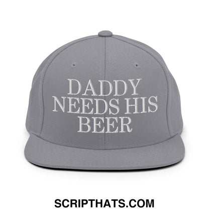 Gray flat bill snapback hat with white embroidered daddy needs his beer text perfect for casual wear