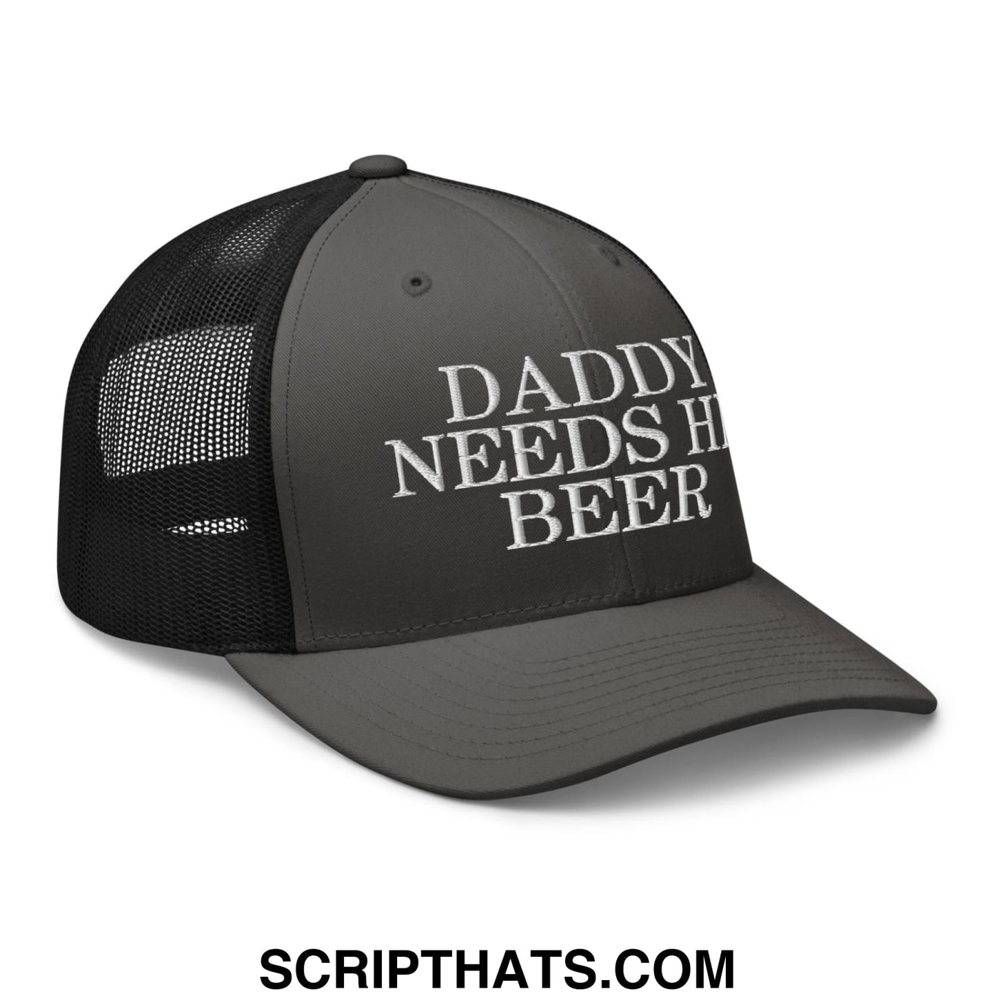 Daddy Needs His Beer Embroidered Mesh Trucker Hat Charcoal Black