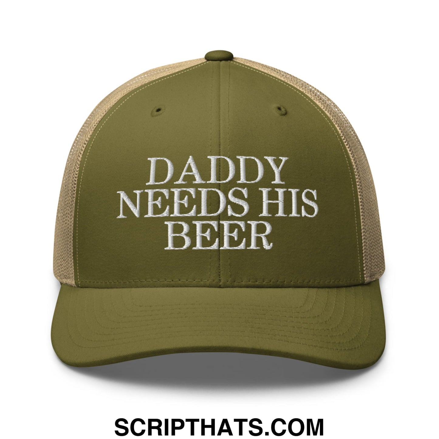 Daddy Needs His Beer Embroidered Mesh Trucker Hat Moss Khaki