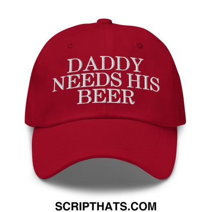 Red embroidered unstructured dad hat with white text daddy needs his beer for casual outdoor use