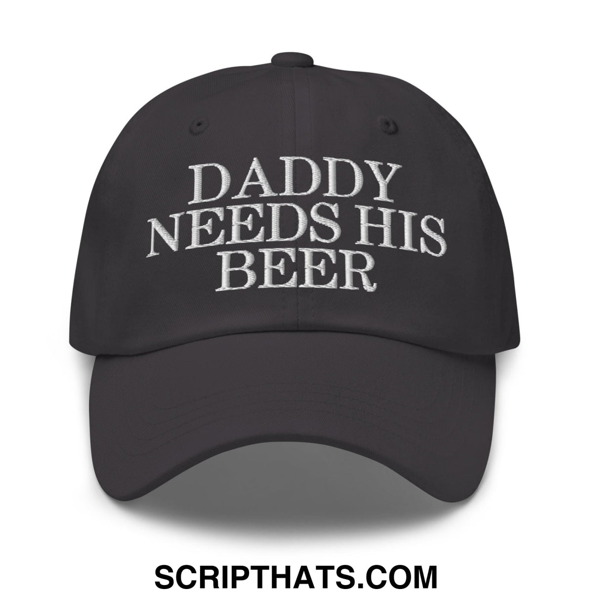 Black unstructured dad hat with white embroidered text daddy needs his beer perfect for casual wear