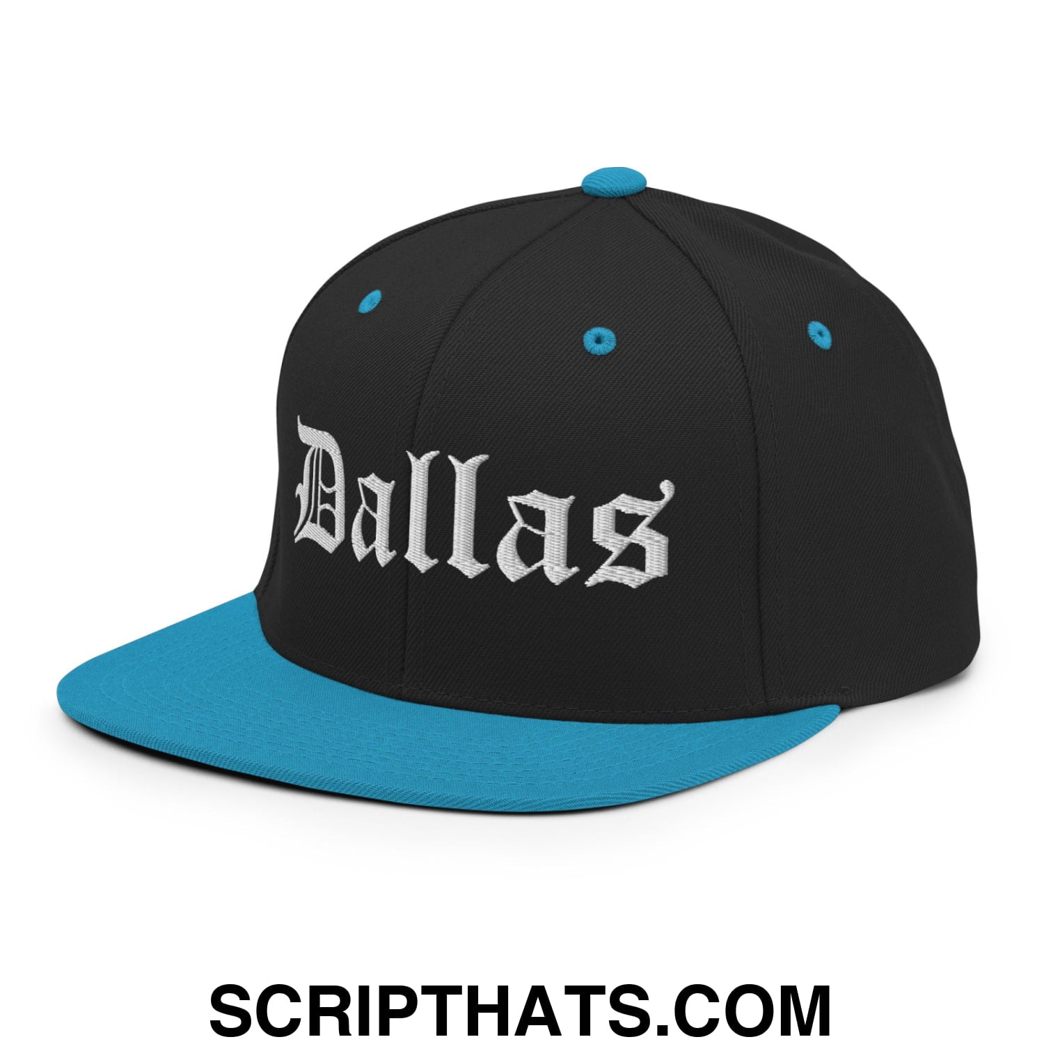 Dallas Old English Embroidered Flat Bill Brim Snapback Hat Black Teal