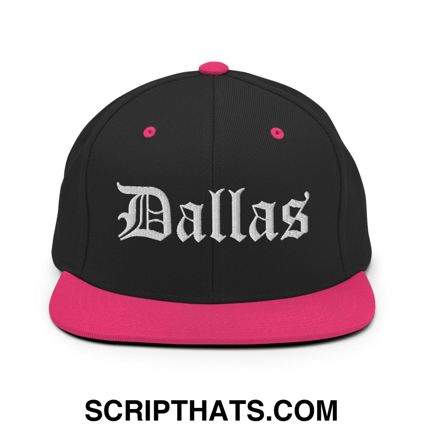 Dallas Old English Embroidered Flat Bill Brim Snapback Hat Black Neon Pink