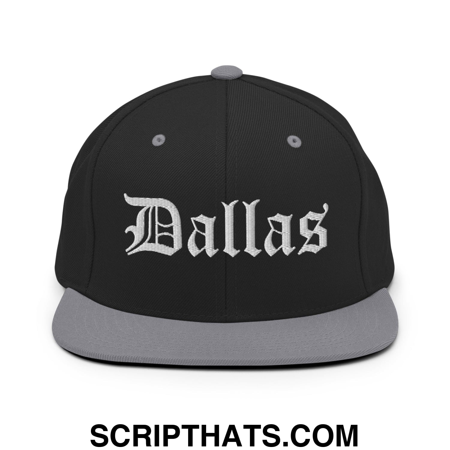Dallas Old English Embroidered Flat Bill Brim Snapback Hat Black Silver