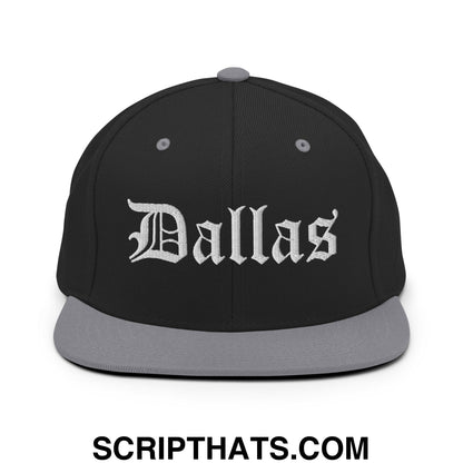 Dallas Old English Embroidered Flat Bill Brim Snapback Hat Black Silver