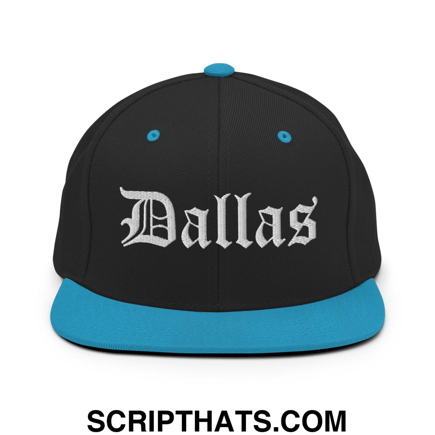 Dallas Old English Embroidered Flat Bill Brim Snapback Hat Black Teal