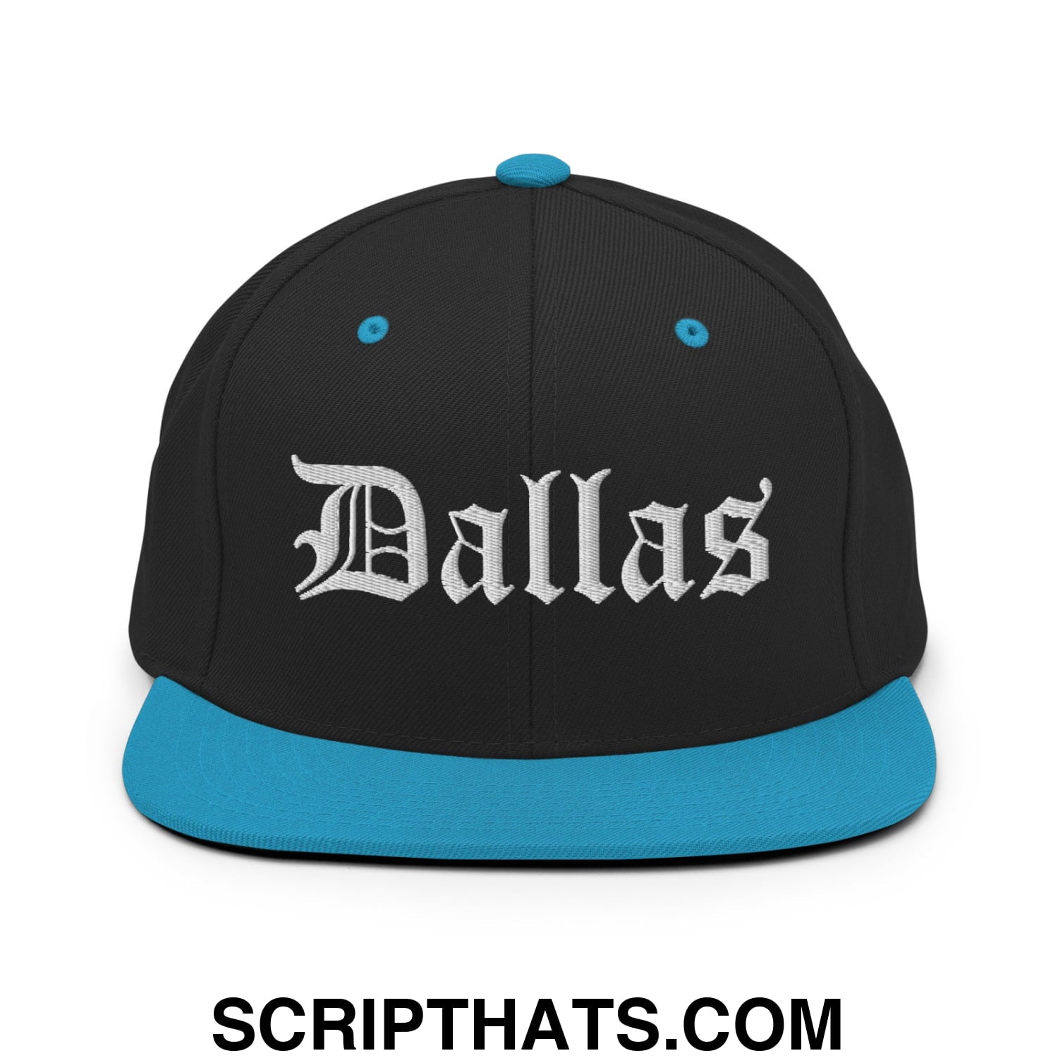 Dallas Old English Embroidered Flat Bill Brim Snapback Hat Black Teal