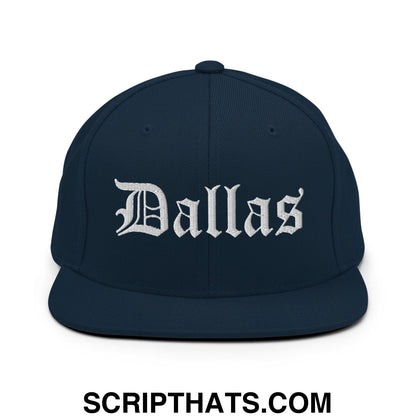 Dallas Old English Embroidered Flat Bill Brim Snapback Hat Dark Navy