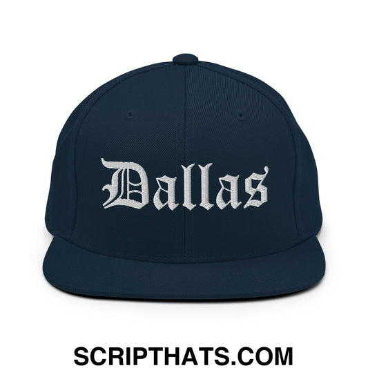 Dallas Old English Embroidered Flat Bill Brim Snapback Hat Dark Navy