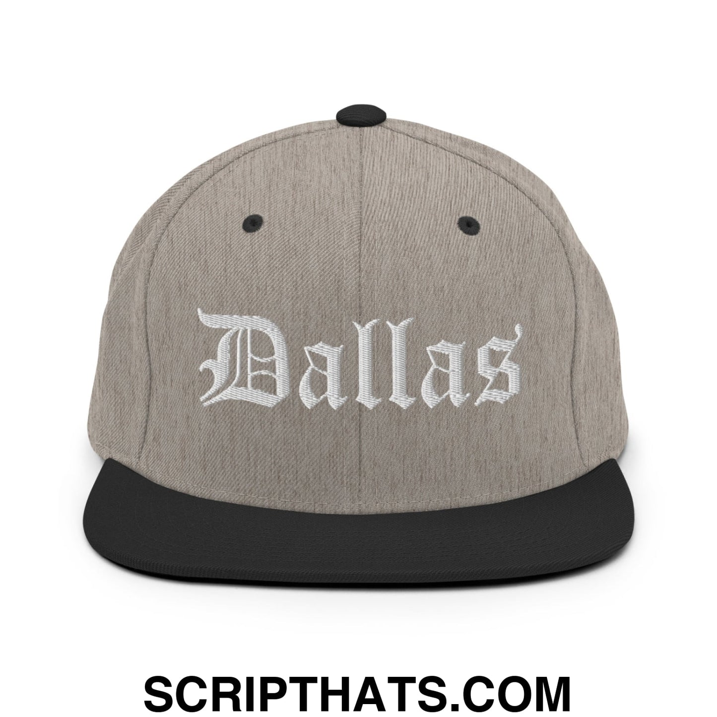 Dallas Old English Embroidered Flat Bill Brim Snapback Hat Heather Black