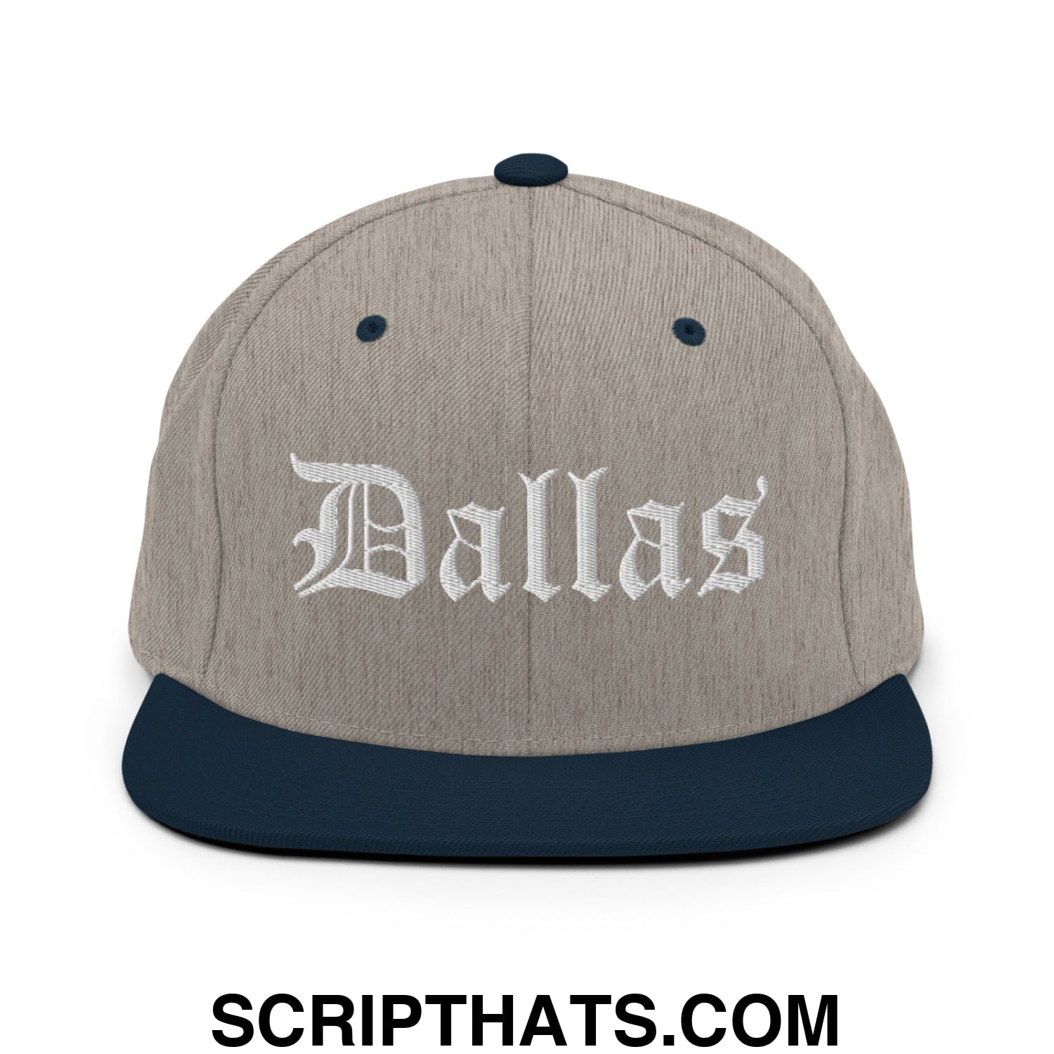 Dallas Old English Embroidered Flat Bill Brim Snapback Hat Heather Grey Navy