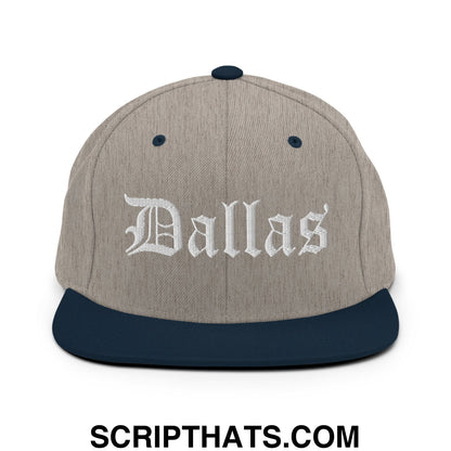 Dallas Old English Embroidered Flat Bill Brim Snapback Hat Heather Grey Navy