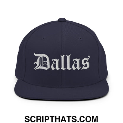 Dallas Old English Embroidered Flat Bill Brim Snapback Hat Navy