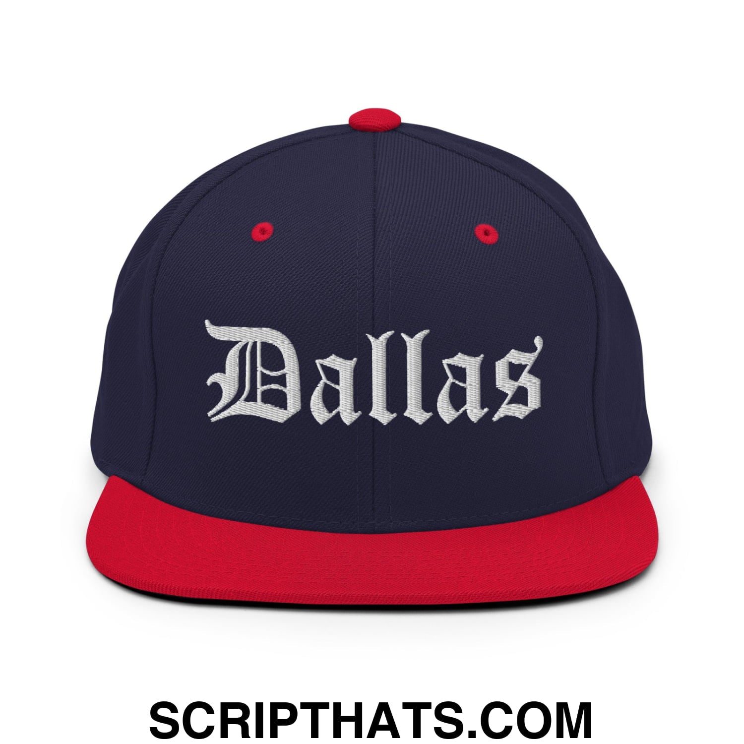 Dallas Old English Embroidered Flat Bill Brim Snapback Hat Navy Red