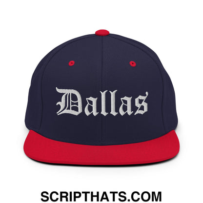 Dallas Old English Embroidered Flat Bill Brim Snapback Hat Navy Red