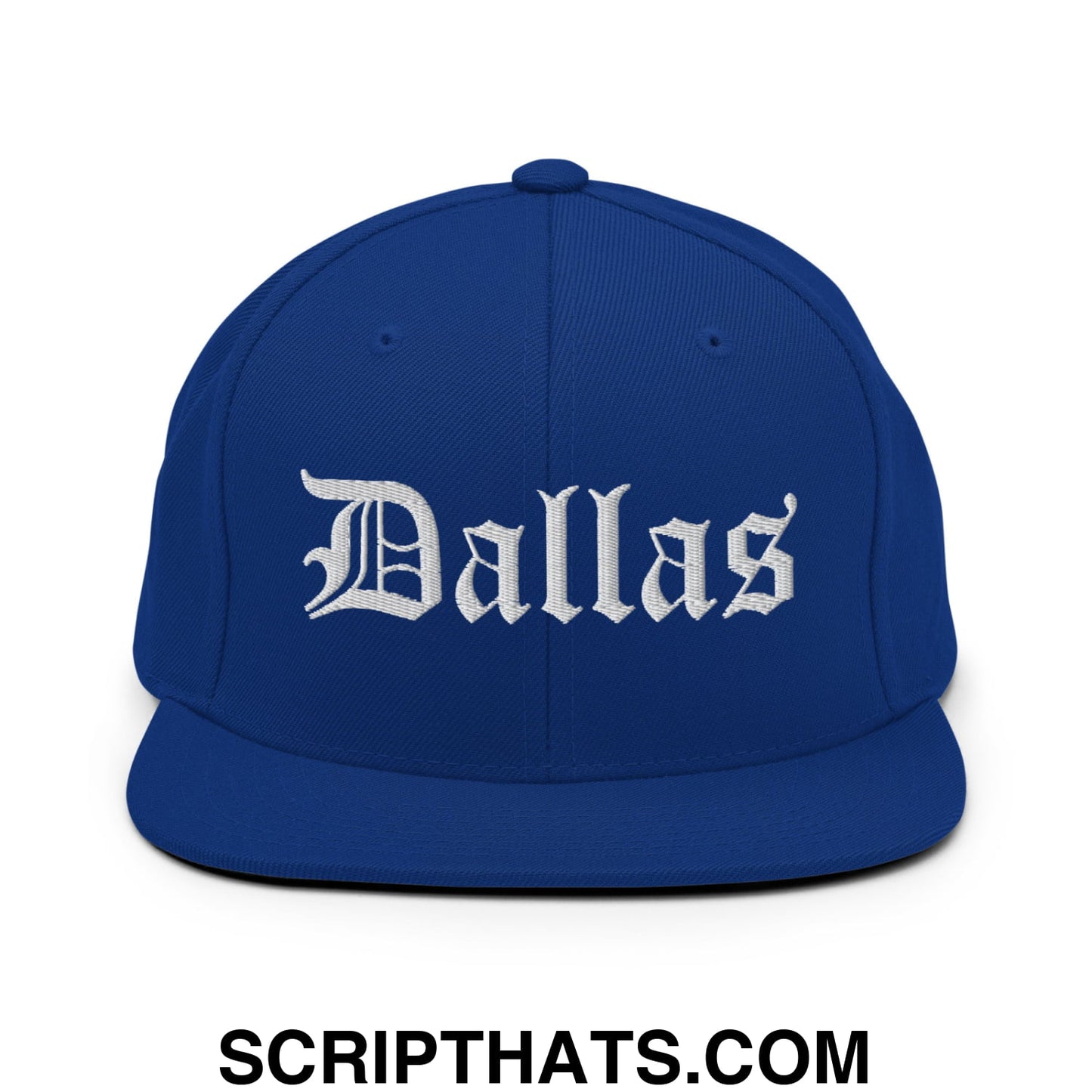 Dallas Old English Embroidered Flat Bill Brim Snapback Hat Royal Blue