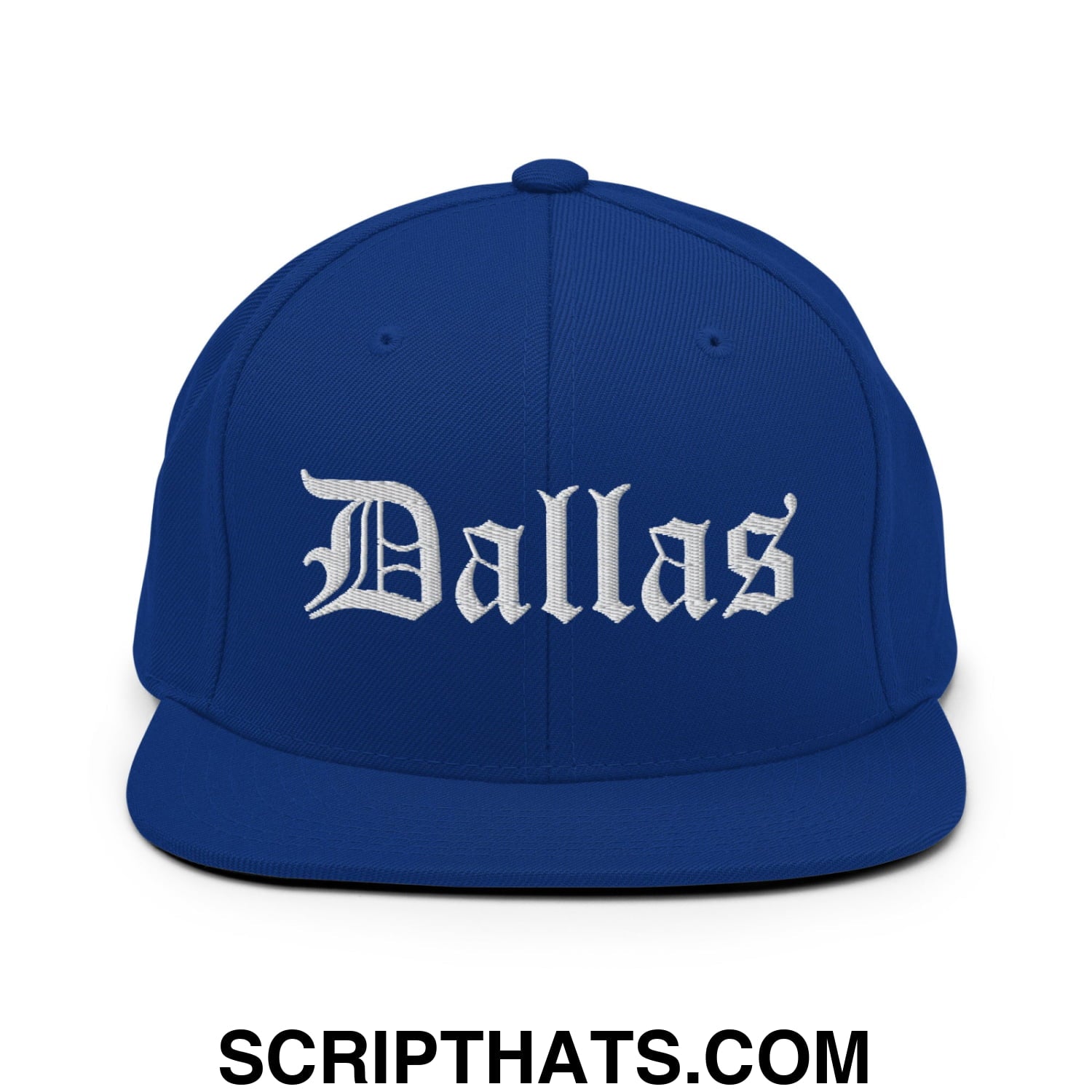 Dallas Old English Embroidered Flat Bill Brim Snapback Hat Royal Blue