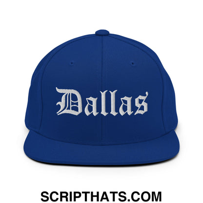 Dallas Old English Embroidered Flat Bill Brim Snapback Hat Royal Blue