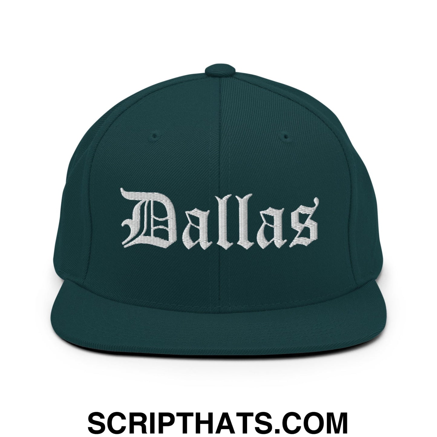 Dallas Old English Embroidered Flat Bill Brim Snapback Hat Spruce