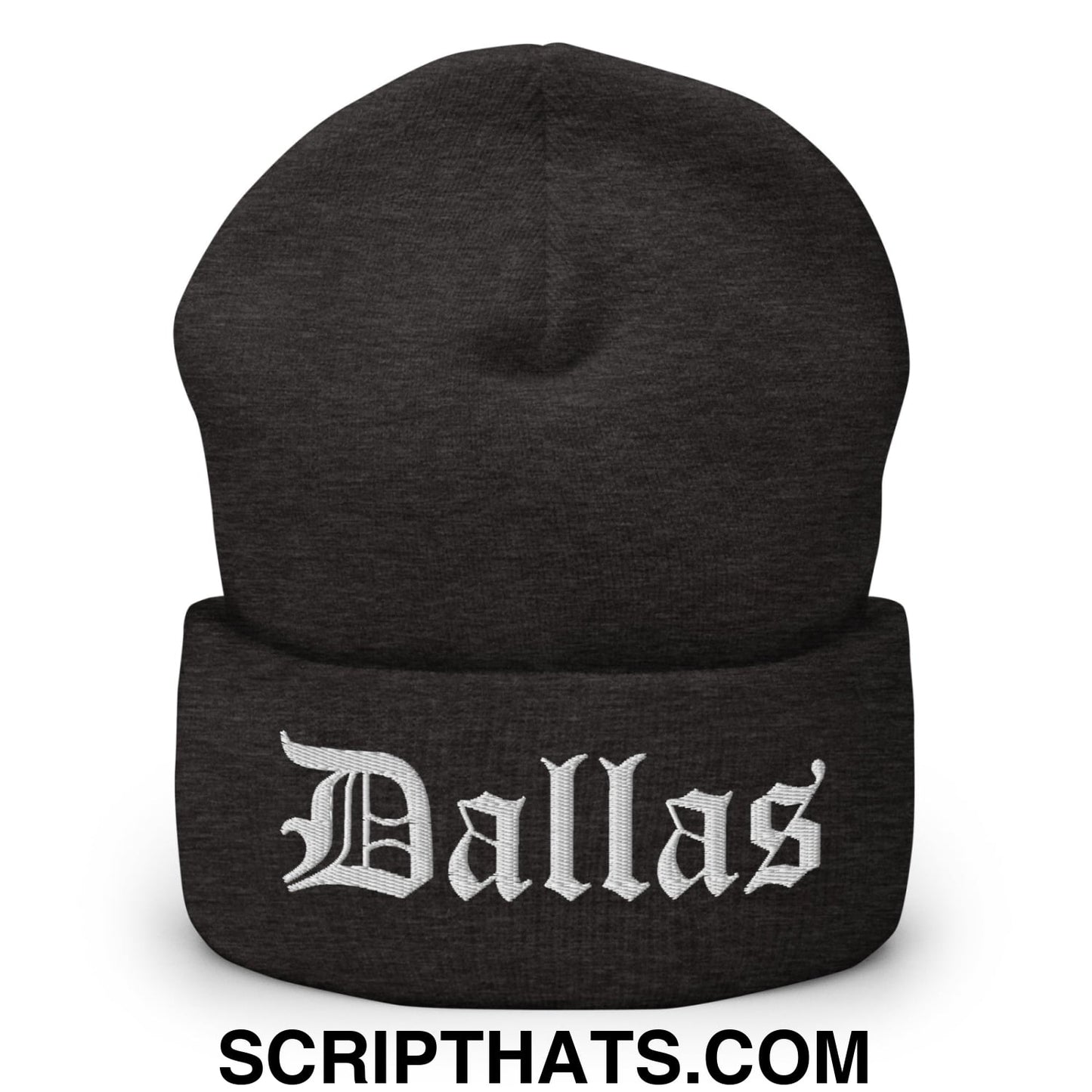 Dallas Old English Embroidered Knit Cuffed Beanie Dark Grey