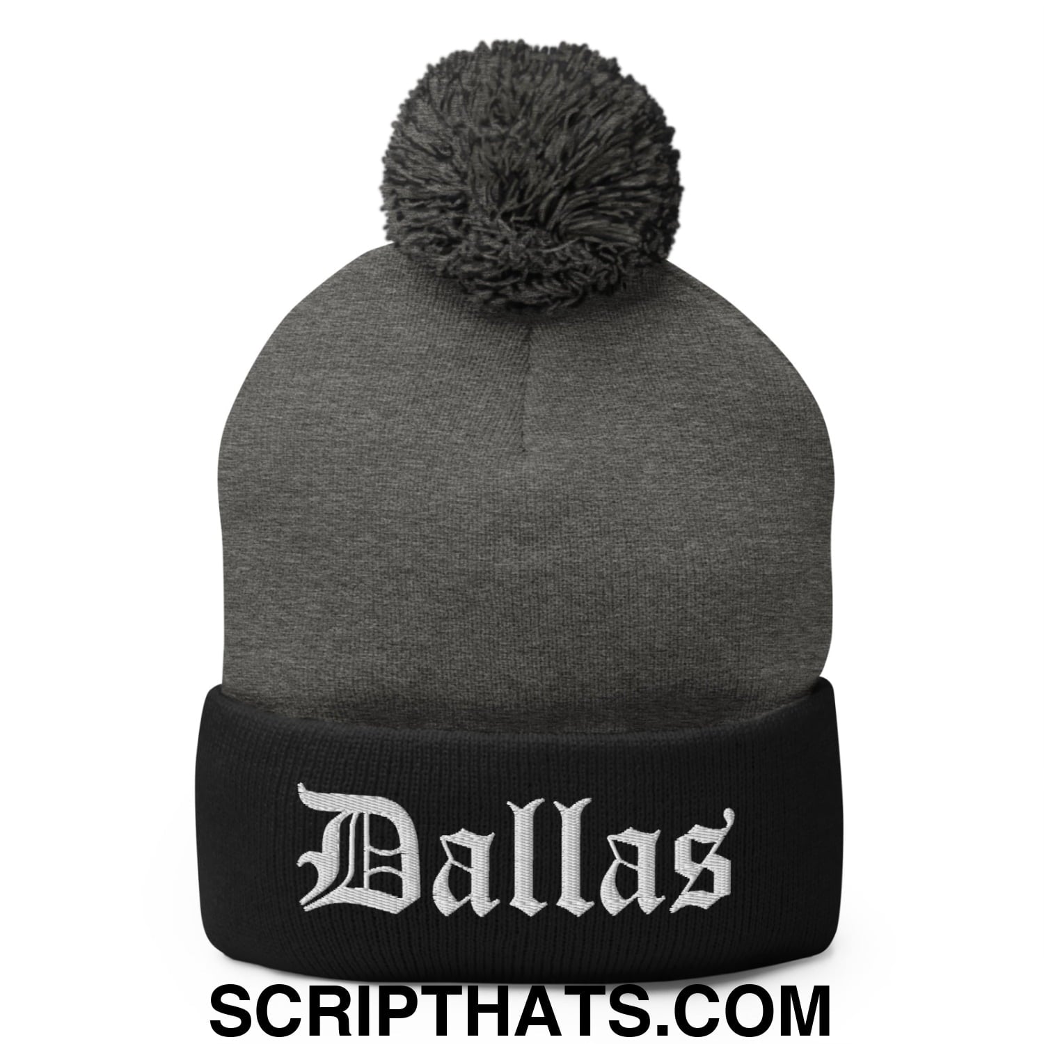 Dallas Old English Embroidered Knit Pom Pom Beanie Dark Heather Grey Black