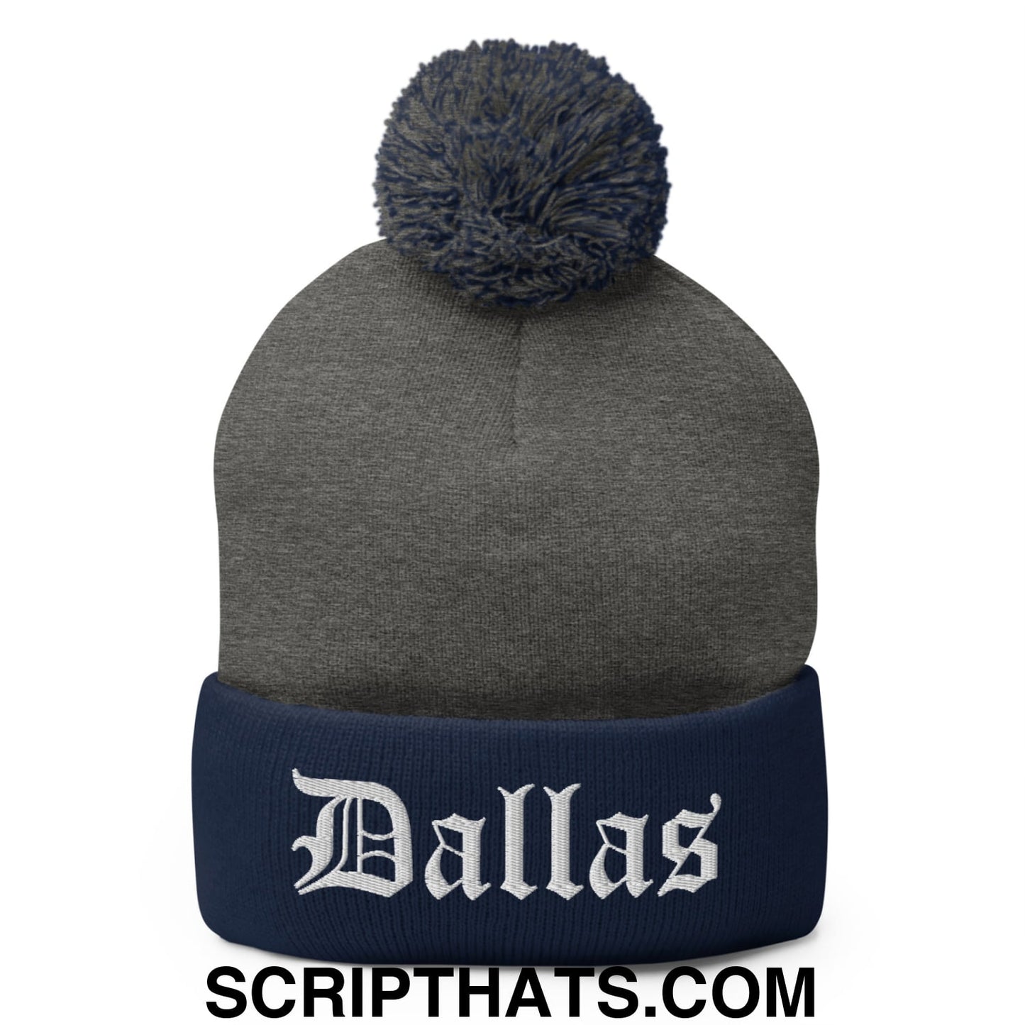 Dallas Old English Embroidered Knit Pom Pom Beanie Dark Heather Grey Navy