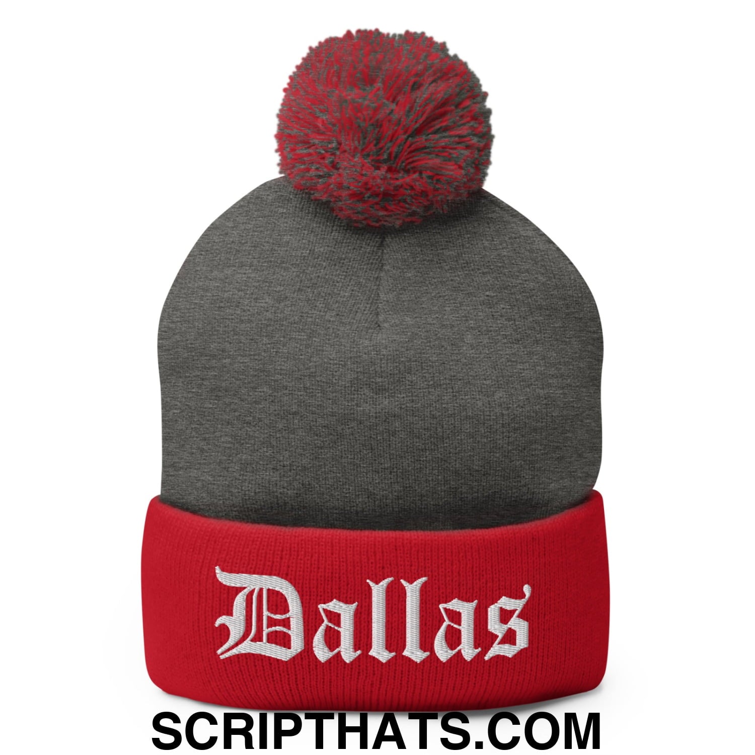 Dallas Old English Embroidered Knit Pom Pom Beanie Dark Heather Grey Red