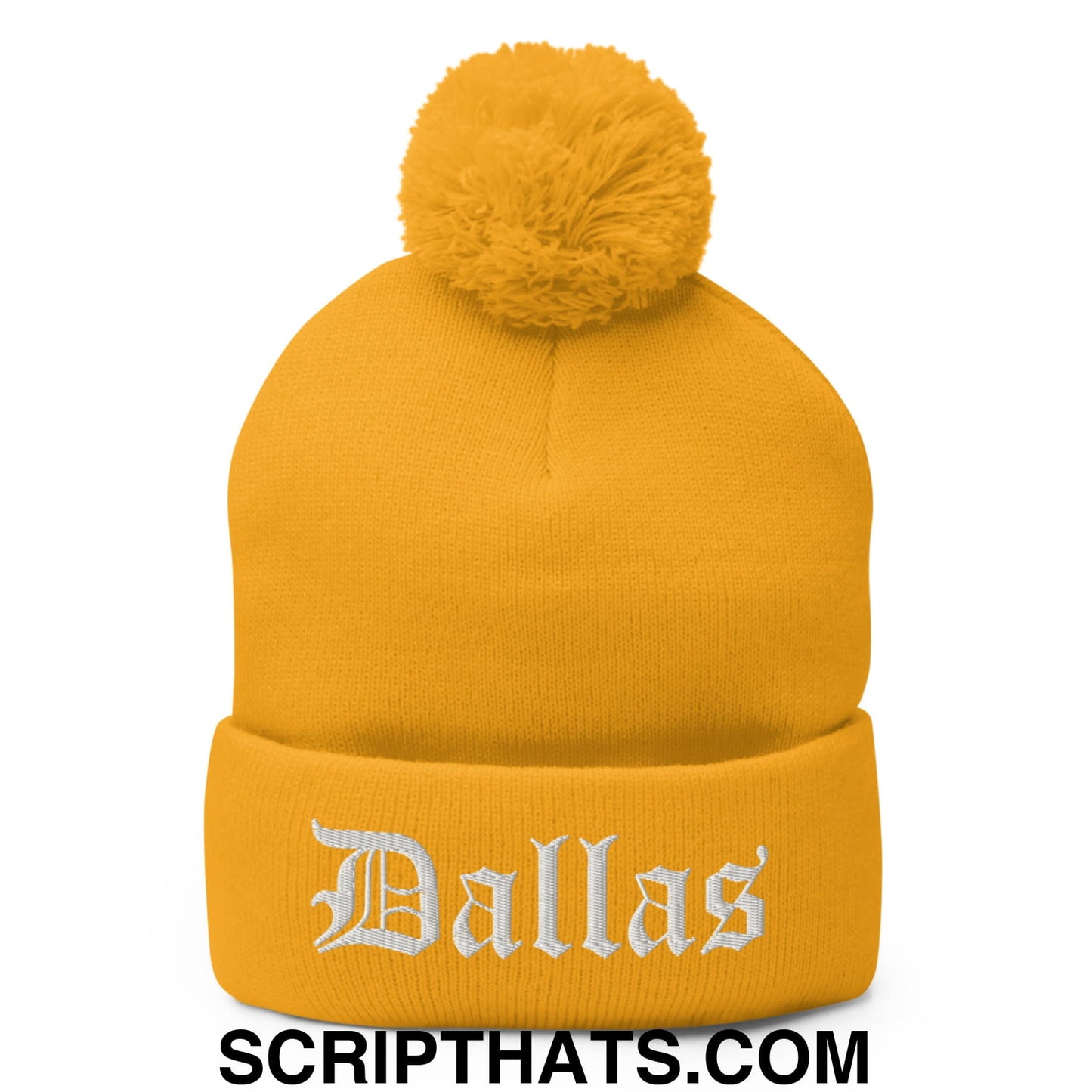 Dallas Old English Embroidered Knit Pom Pom Beanie Gold