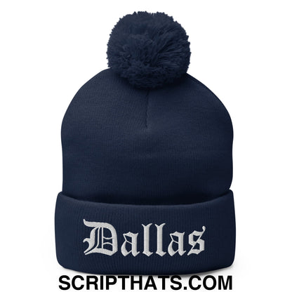 Dallas Old English Embroidered Knit Pom Pom Beanie Navy