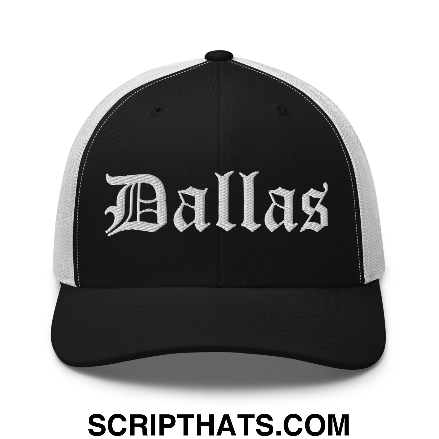 Dallas Old English Embroidered Mesh Trucker Hat Black White