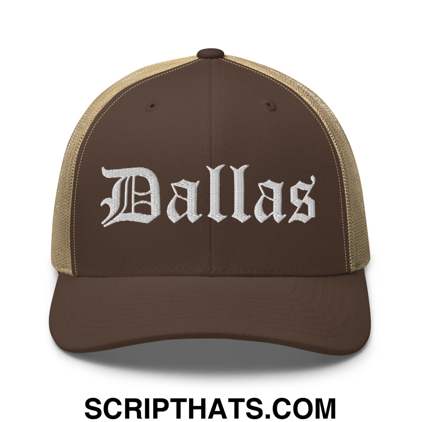 Dallas Old English Embroidered Mesh Trucker Hat Brown Khaki