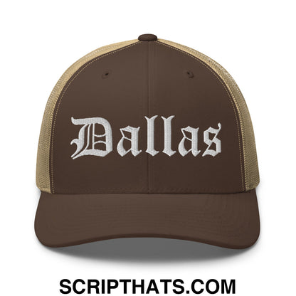Dallas Old English Embroidered Mesh Trucker Hat Brown Khaki