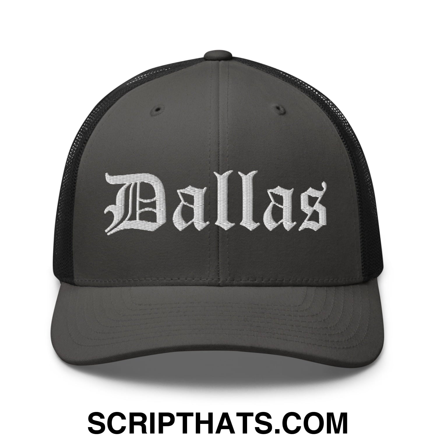 Dallas Old English Embroidered Mesh Trucker Hat Charcoal Black