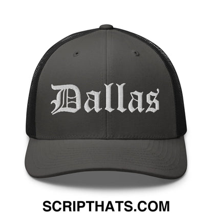 Dallas Old English Embroidered Mesh Trucker Hat Charcoal Black