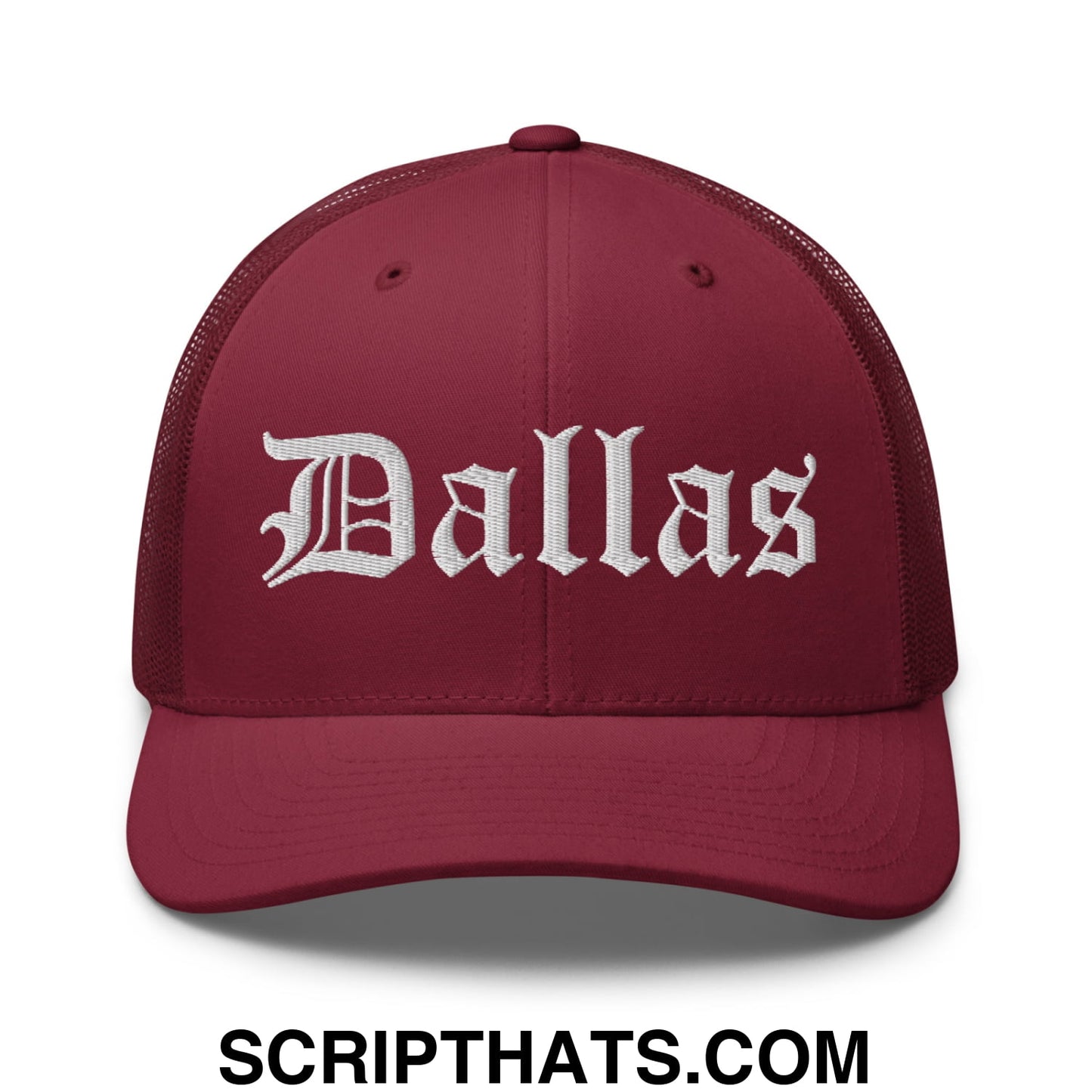 Dallas Old English Embroidered Mesh Trucker Hat Cranberry