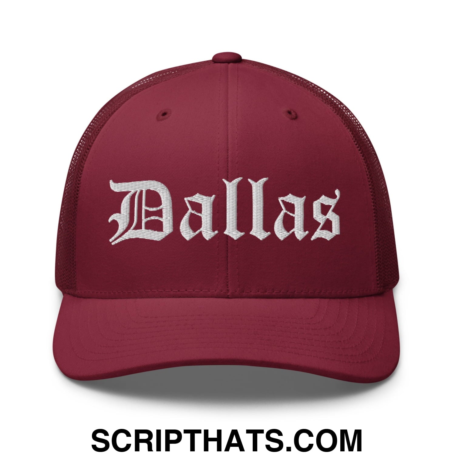 Dallas Old English Embroidered Mesh Trucker Hat Cranberry
