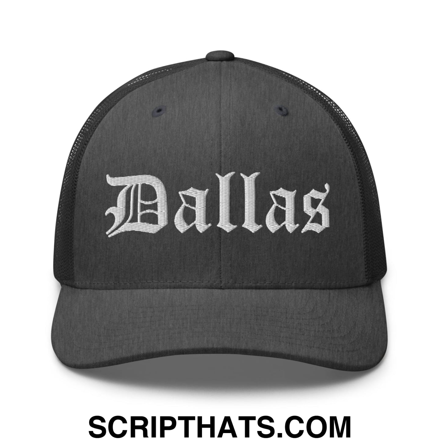 Dallas Old English Embroidered Mesh Trucker Hat Dark Heather Gray