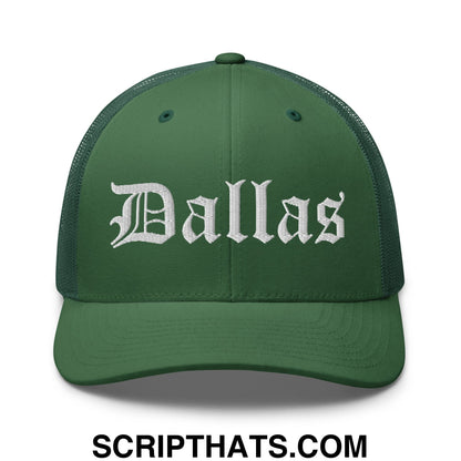Dallas Old English Embroidered Mesh Trucker Hat Evergreen