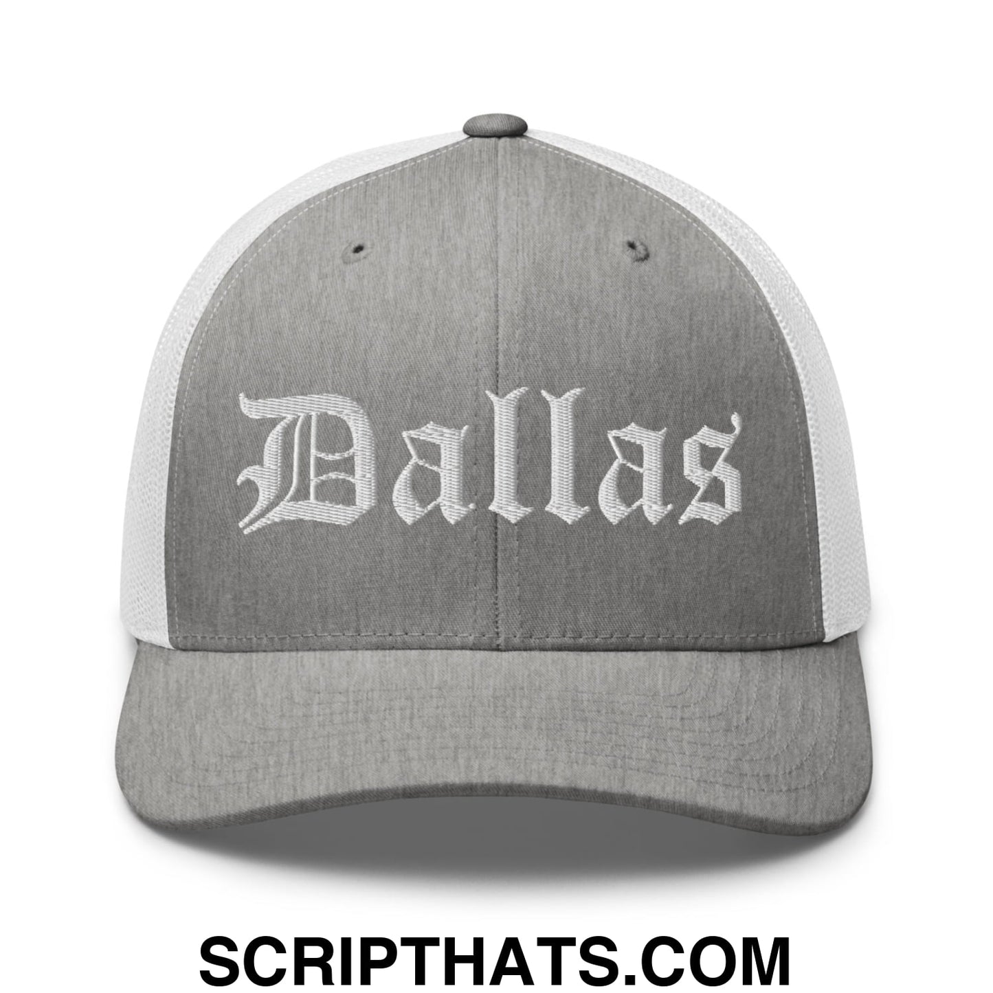 Dallas Old English Embroidered Mesh Trucker Hat Heather Grey White