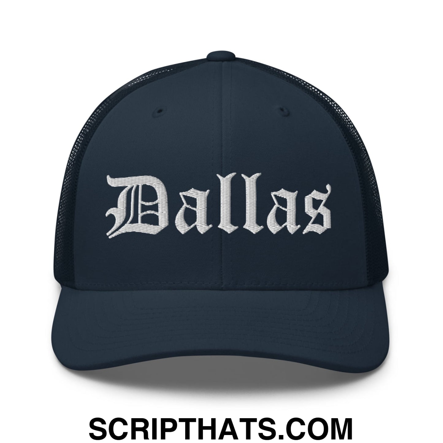 Dallas Old English Embroidered Mesh Trucker Hat Navy