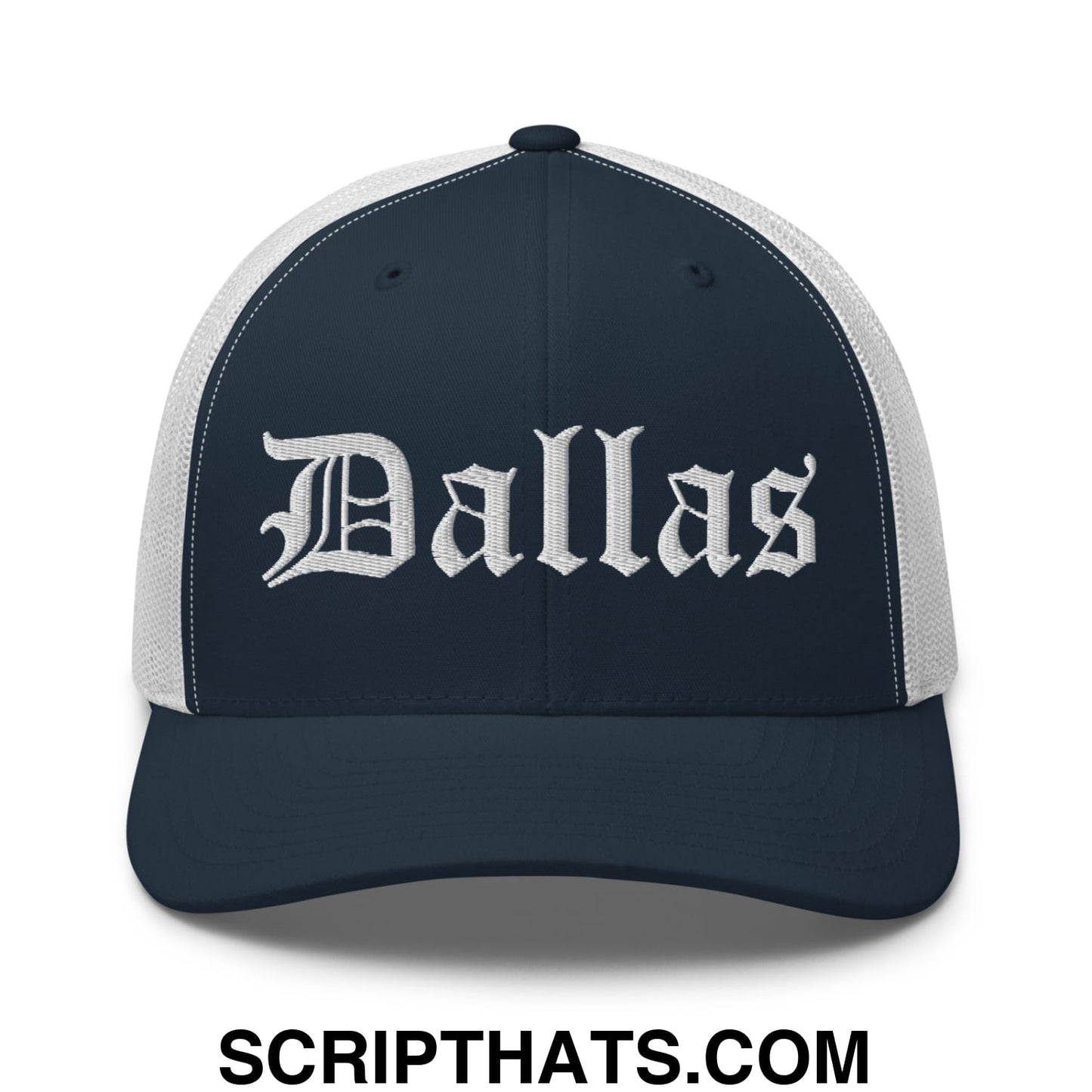 Dallas Old English Embroidered Mesh Trucker Hat Navy White