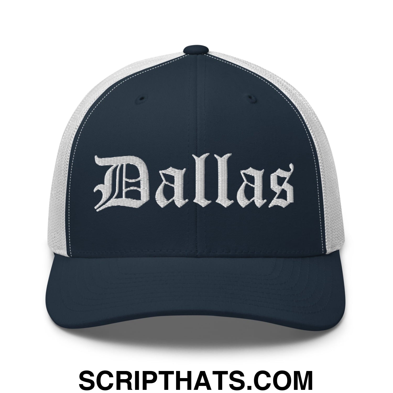 Dallas Old English Embroidered Mesh Trucker Hat Navy White