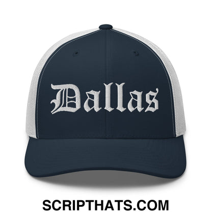 Dallas Old English Embroidered Mesh Trucker Hat Navy White