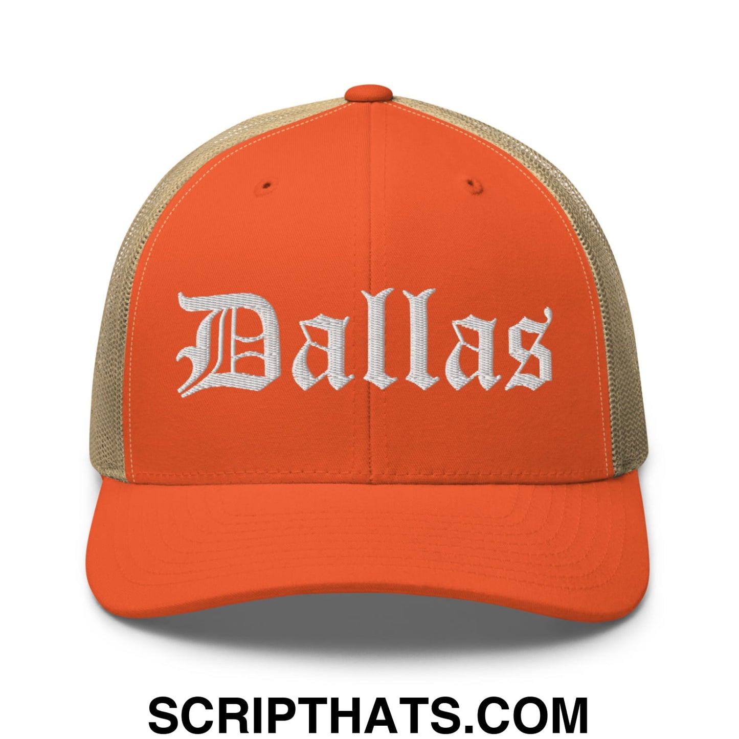 Dallas Old English Embroidered Mesh Trucker Hat Rustic Orange Khaki